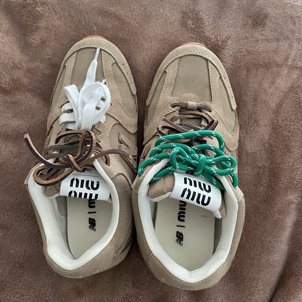 Miu Miu Beige Sneakers with Green and Brown Laces